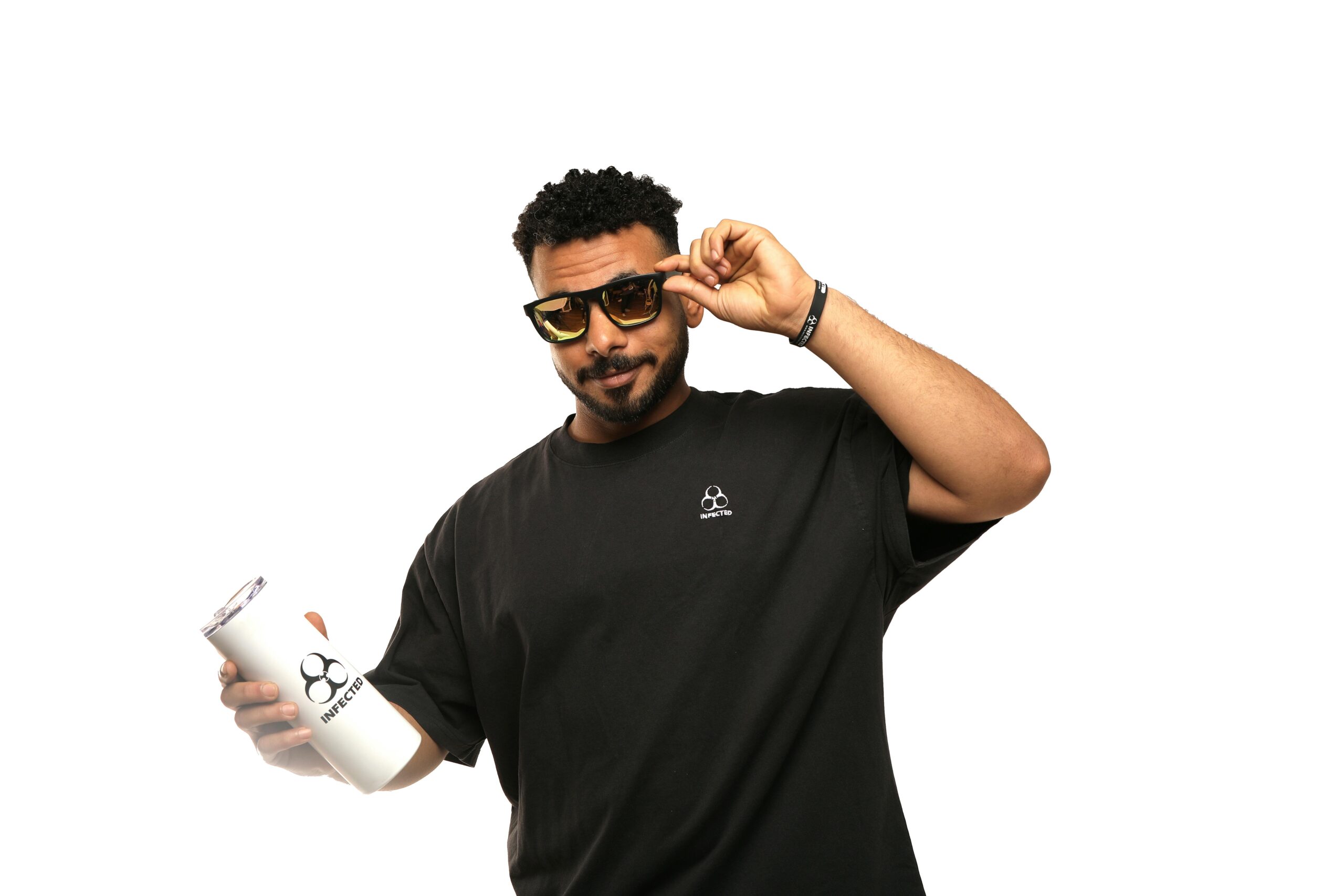 Young man in sunglasses with a black t-shirt holding a white tumbler against a white background.